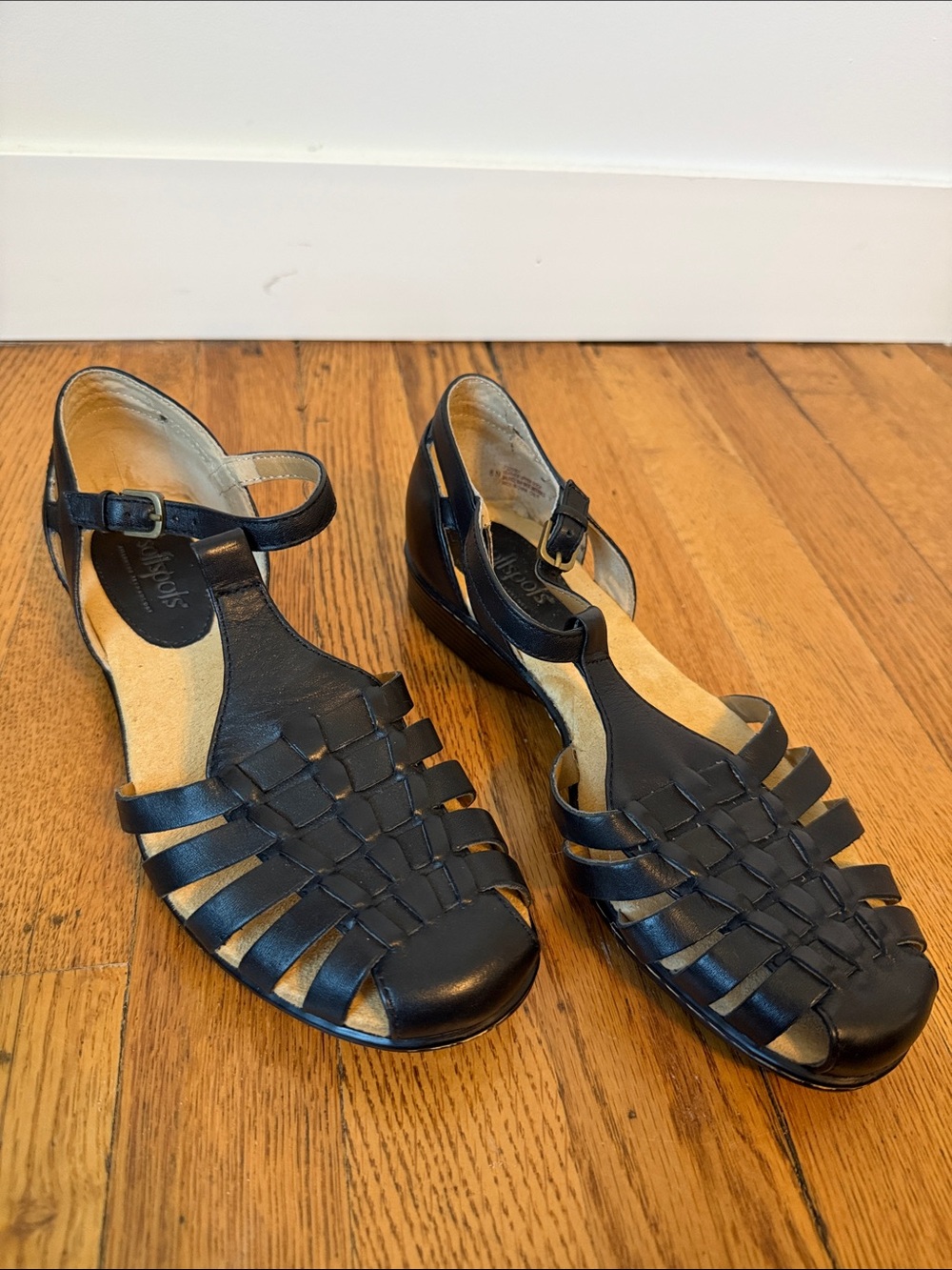 Softspots Black Woven Leather Ankle-Strap Sandals